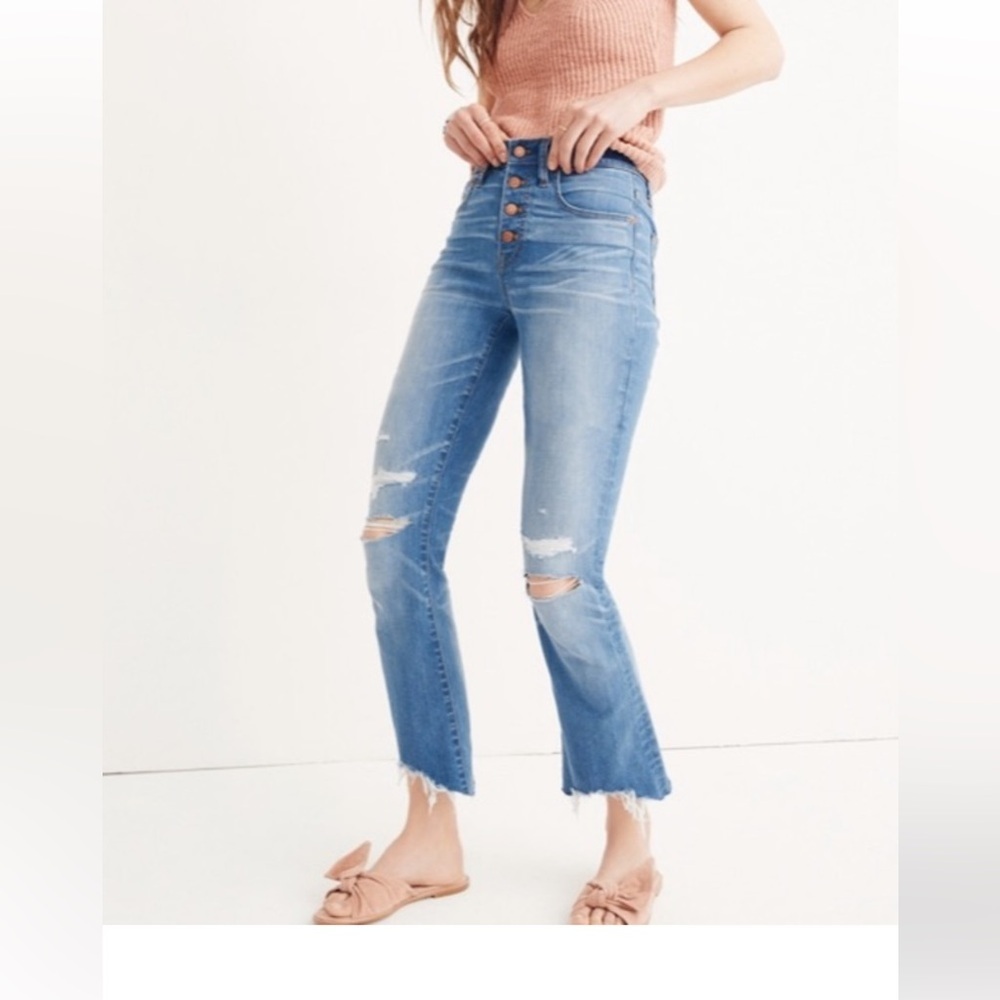 NWT Madewell Cali Demi Boot Distressed Jeans Sz 28 Raw Hem Button Fly New - Picture 3 of 15